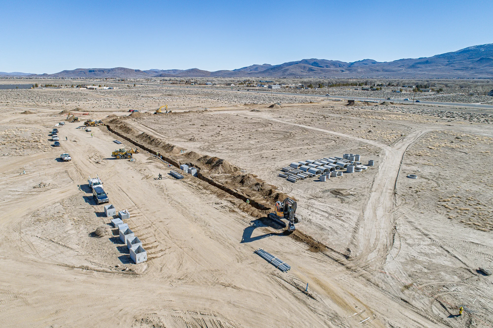 Drone view of an active construction site during earthwork, captured for progress monitoring